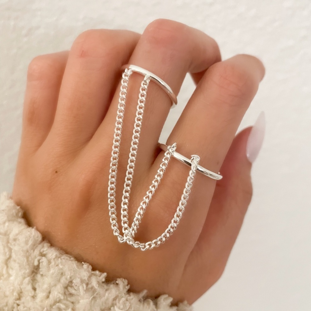 925 Sterling Silver Modern Double Chain Ring Dangle Chain Thin Stackable Ring
